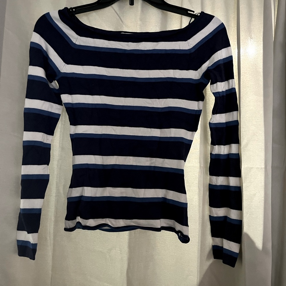 H&M off the shoulder blue and white stripped top
